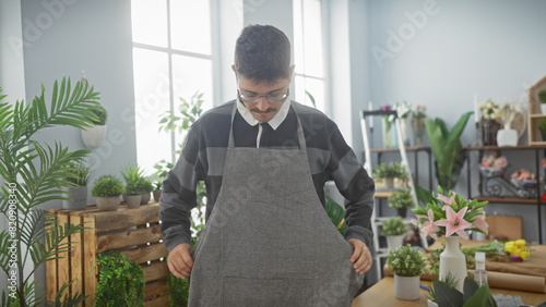 Handsome young man wearing an apron standing in a vibrant, green florist shop filled with plants and flowers. photo