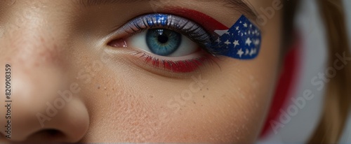 Close-up of a woman's eye with beautiful festive makeup celebrating 4th of July America independence day. macro 4th july woman's Eye with USA flag makeup on it
