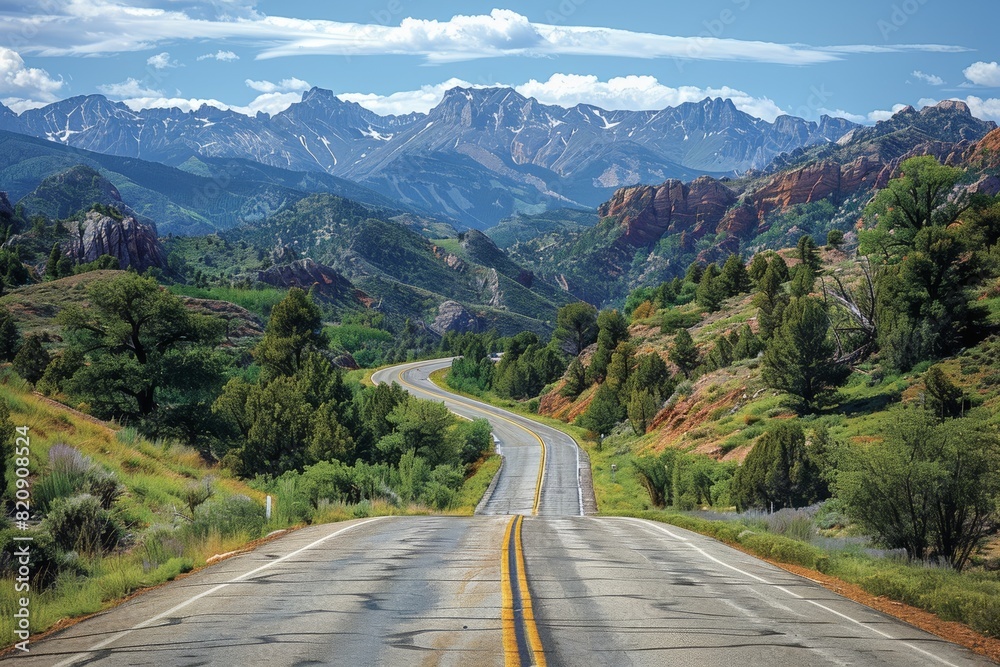 Amidst stunning mountains and lush forests, a scenic road winds through nature's beauty, inviting exploration Amidst stunning mountains and lush forests, a scenic road winds through nature's beauty, inviting exploration