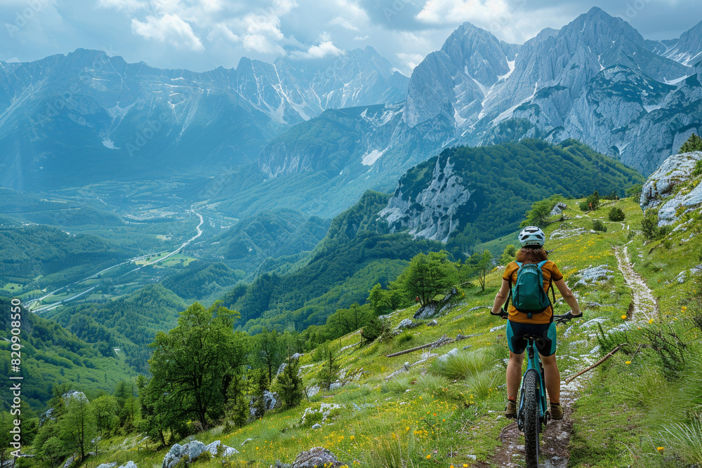 Cyclist rides a mountain trail, embracing adventure in nature's beautiful landscape