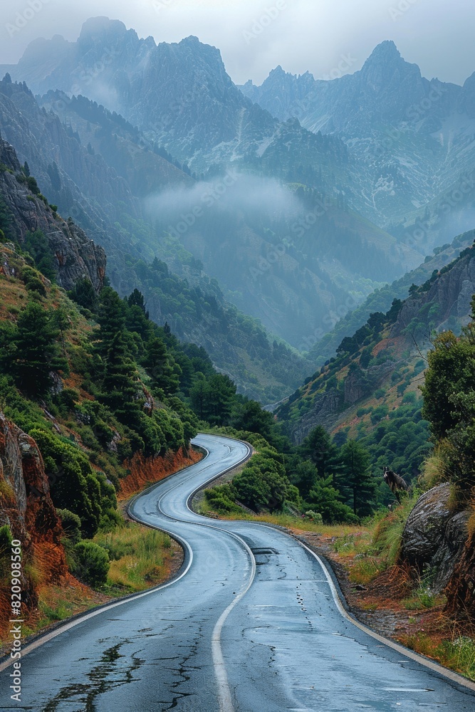 Through misty mountains and autumnal forests, an empty road winds toward a scenic countryside destination