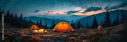 Evening camping with the crackling of a bonfire, in the midst of calm nature, surrounded by majestic mountains