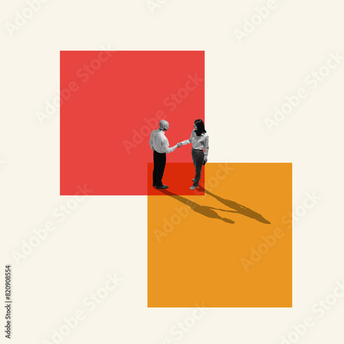 Poster. Contemporary art collage. Businessman shaking hands with his partner against background with colorful squares. Concept of partnership, deals, business acquisition, cooperation, teamwork. Ad photo