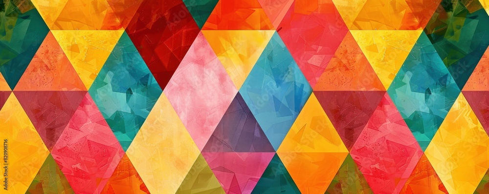A colorful abstract painting with a blue and yellow triangle. The painting is full of different colors and shapes, creating a vibrant and dynamic scene. The overall mood of the painting is energetic