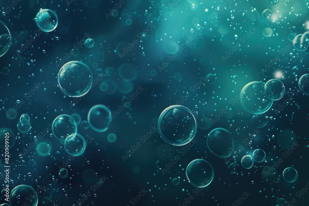 Blue green background with water bubbles floating in the air, underwater effect, water texture, abstract background.