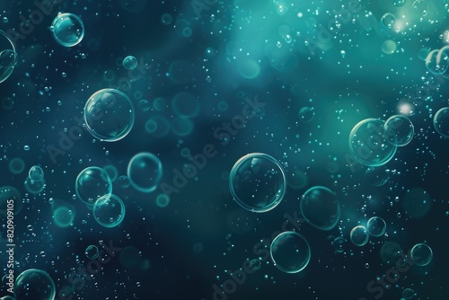 Blue green background with water bubbles floating in the air, underwater effect, water texture, abstract background.