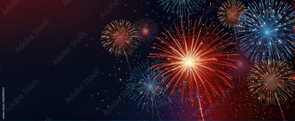 Fototapeta premium abstract Red, gold and blue glitter background with fireworks. Christmas eve, 4th of July holiday concept