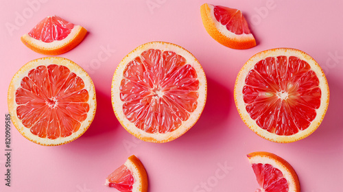 Unusual pink sliced citrus fruits on color background