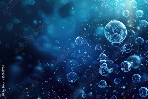 Dark blue background with water bubbles floating in the air, creating an underwater effect. photo