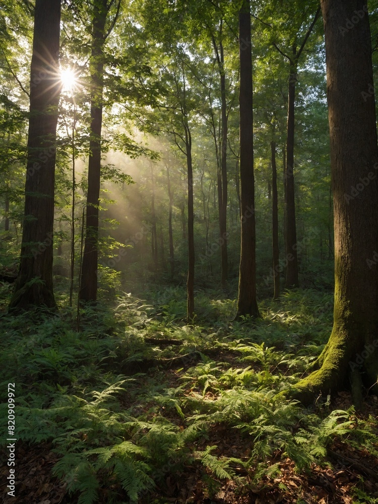 Obraz premium Sunlight pierces through dense canopy of serene forest, casting ethereal beams that illuminate lush, green ferns below. Tall trees, with their sturdy trunks, verdant leaves.
