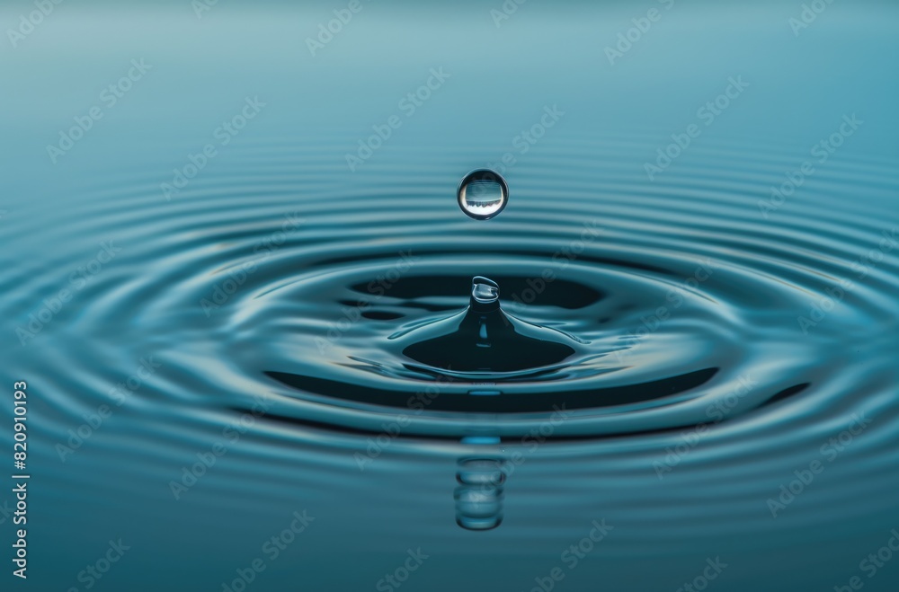 Drop of water suspended in the air about to fall to the surface, with ripples visible below, conveying tranquility, serenity and calm. Drop of water suspended in the air about to fall to the surface, with ripples visible below, conveying tranquility, serenity and calm.