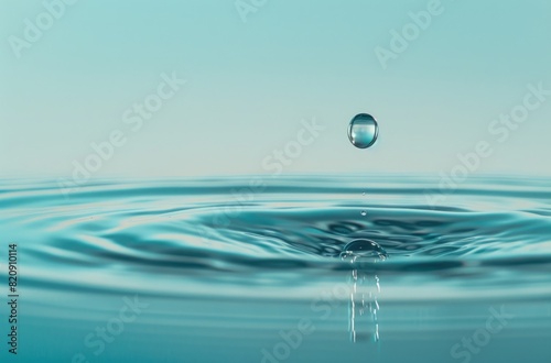 Drop of water suspended in the air about to fall to the surface, with ripples visible below, conveying tranquility, serenity and calm.