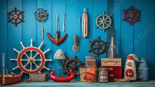 Nautical decor on a blue wall including ship wheels, anchors, and ropes, creating a maritime atmosphere perfect for beach enthusiasts.