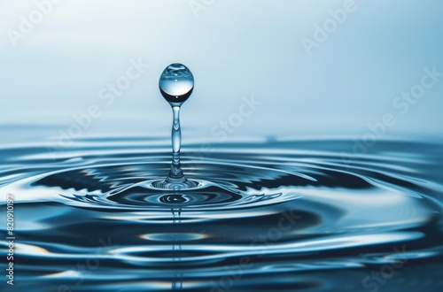 Drop of water suspended in the air about to fall to the surface  with ripples visible below  conveying tranquility  serenity and calm.