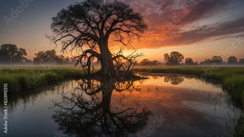 Majestic tree with gnarled branches stands beside tranquil pond, casting intricate mirror image on waters surface. Sky, painted with hues of orange, purple, heralds arrival of dawn.