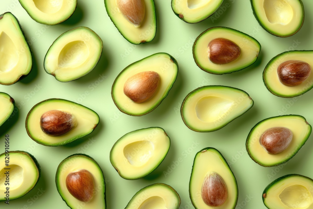 Background with avocado halves, light green background. Background with avocado halves, light green background.