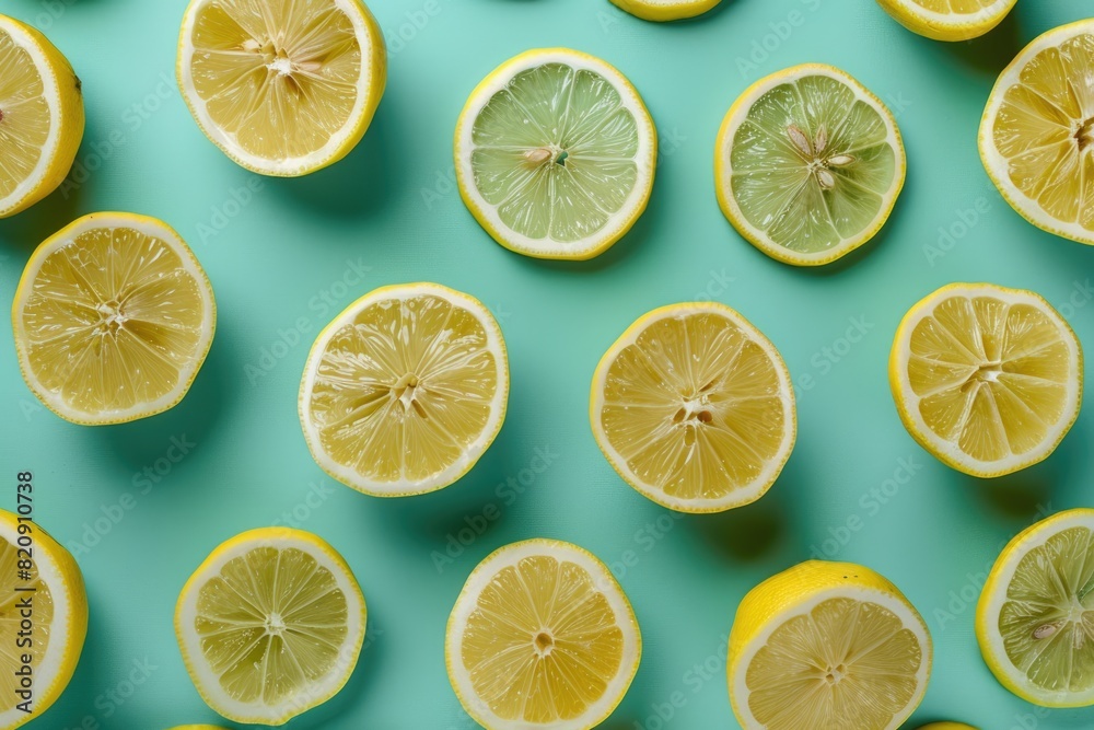 Background with lemon halves, light green background.