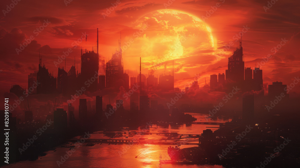 Obraz premium Dystopian city skyline silhouetted against a fiery sunset.
