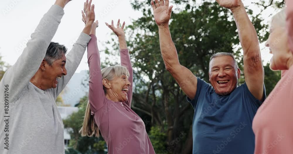 Senior, group or hands together with celebration outdoor for support with fitness, happy or exercise in nature. Elderly, women or applause with success, solidarity or team building in retirement home