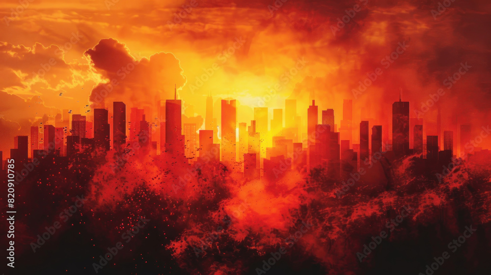Dystopian city skyline silhouetted against a fiery sunset. Dystopian city skyline silhouetted against a fiery sunset.