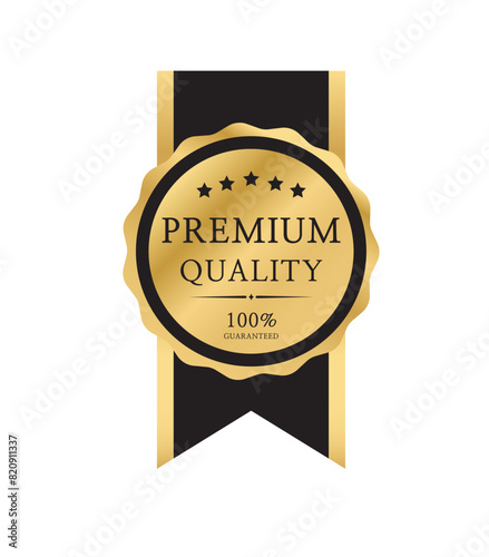 Premium quality badge or label. Gold vector medal. Golden ribbon. Vector illustration