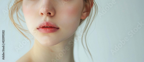 face of white female model with smooth white chin neck upper body isolated on white background