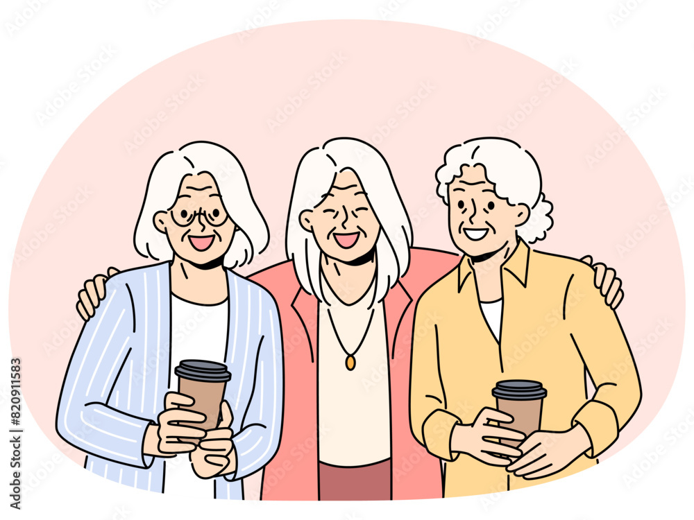 Smiling elderly women drink coffee hug enjoy long lasting friendship. Happy mature friends show unity and bonding through years. Vector illustration. Smiling elderly women drink coffee hug enjoy long lasting friendship. Happy mature friends show unity and bonding through years. Vector illustration.