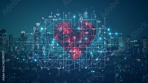 Red glowing network digital heartbreak with medical data concept city lights in the background photo