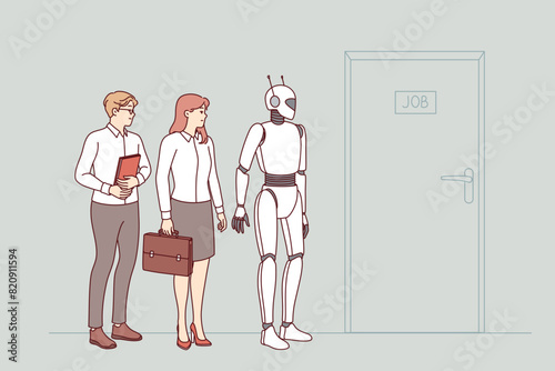 Humanoid robot with AI competes for vacancy and opportunity to get job, standing in line with people near door. Concept of danger of unemployment due to robotization of processes and AI