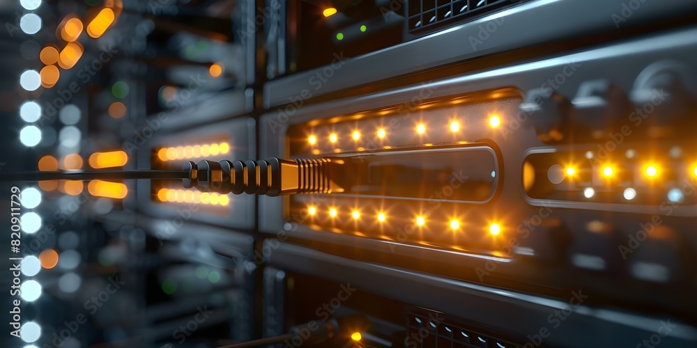 LED status lights on network switch indicate active connections in data center. Concept