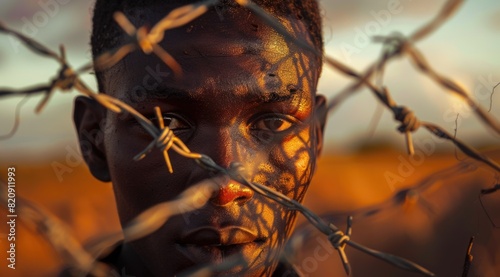 Young African man behind barbed wire in the savannah, sunset in the background, freedom day concept, Juneteenth, Black Independence Day.