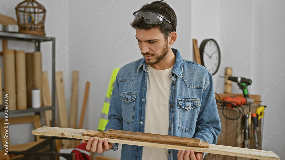 Handsome hispanic man examining wood in a well-equipped carpentry workshop Handsome hispanic man examining wood in a well-equipped carpentry workshop