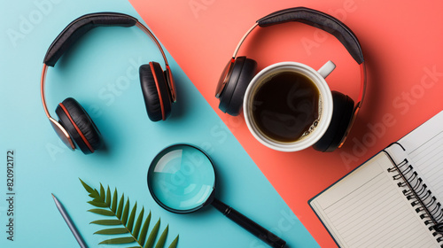 Cup of coffee magnifier headphones and notebooks  photo