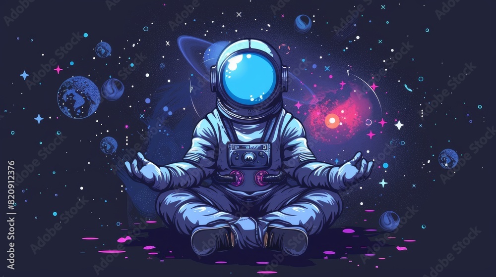 Cartoon astronaut sitting in space modern illustration. Spaceman character doing space yoga in helmet and suit. Celestial character traveling and exploring outer cosmos with stars. Frozen meteorite Cartoon astronaut sitting in space modern illustration. Spaceman character doing space yoga in helmet and suit. Celestial character traveling and exploring outer cosmos with stars. Frozen meteorite