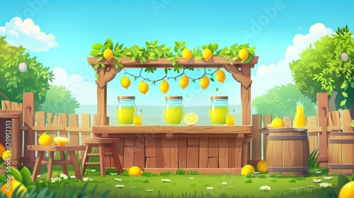 This is a modern view of a lemonade stand with lemon fruit being sold. It is a market wood stall selling juice drinks from jars in a backyard garden in summer. It is the business of a local child in