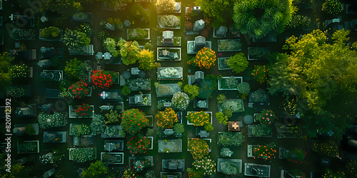 A drone shot of a vast cemetery on Memorial Day  with tombstones arranged in perfect rows  a sweeping aerial view to show the scale and solemnity of the site  emphasizing the collective sacrifice