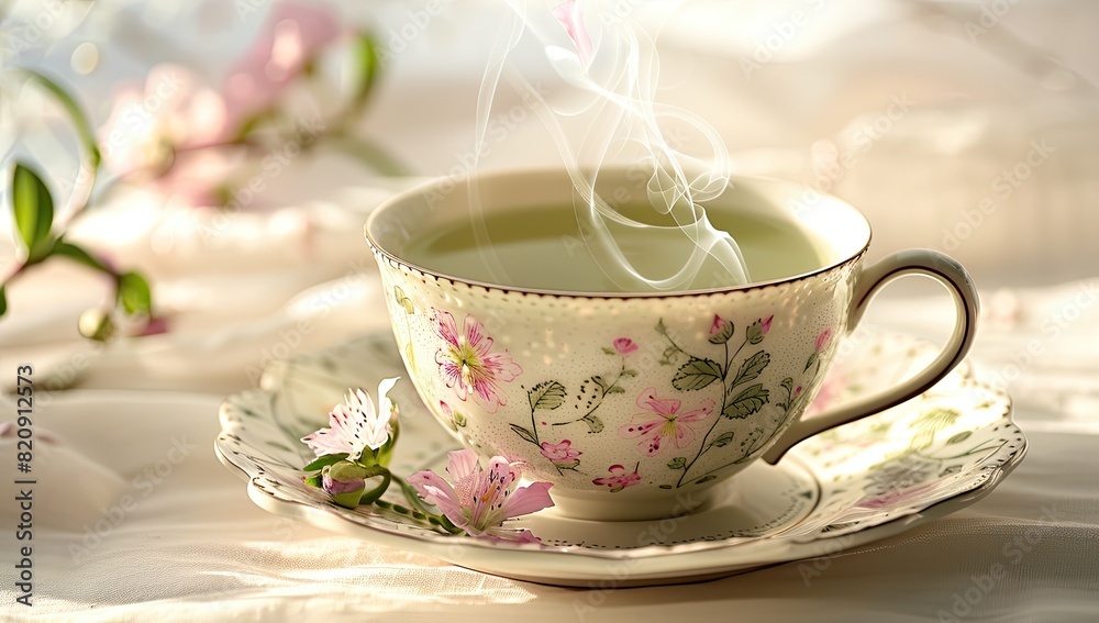 A delicate green teacup adorned with intricate floral patterns exudes elegance and charm. A delicate green teacup adorned with intricate floral patterns exudes elegance and charm.