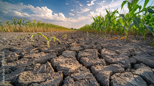 A close-up of dry, cracked soil in a cornfield, depicting drought and challenging agricultural conditions.