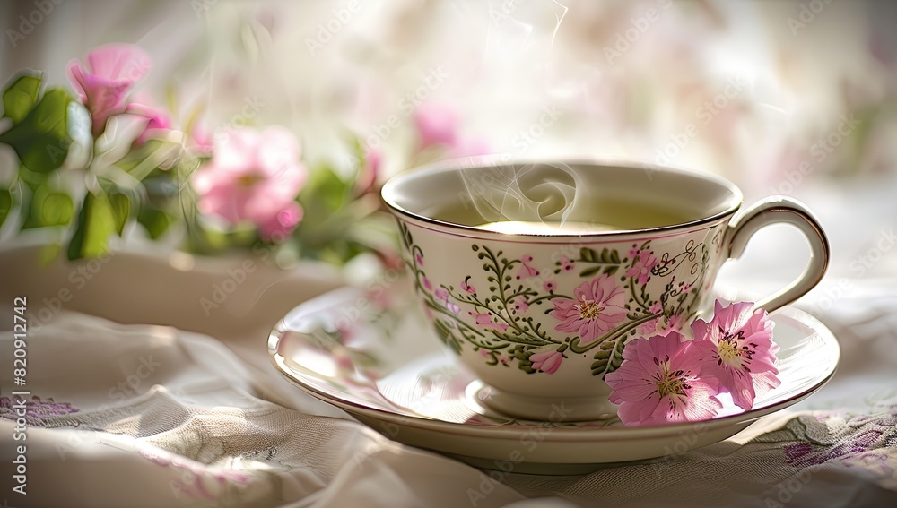 A delicate green teacup adorned with intricate floral patterns exudes elegance and charm. A delicate green teacup adorned with intricate floral patterns exudes elegance and charm.