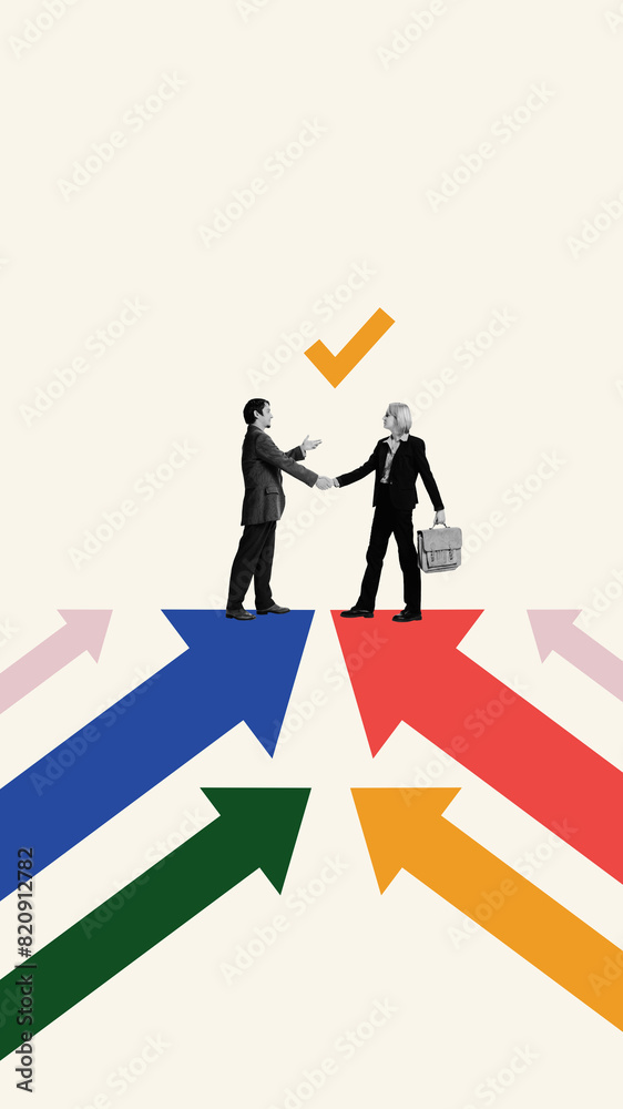 Contemporary art collage. Man and woman stands on colorful arrows pointing up and shaking hands with check mark above them. Concept of partnership, business acquisition, deals, cooperation, contract. Contemporary art collage. Man and woman stands on colorful arrows pointing up and shaking hands with check mark above them. Concept of partnership, business acquisition, deals, cooperation, contract.