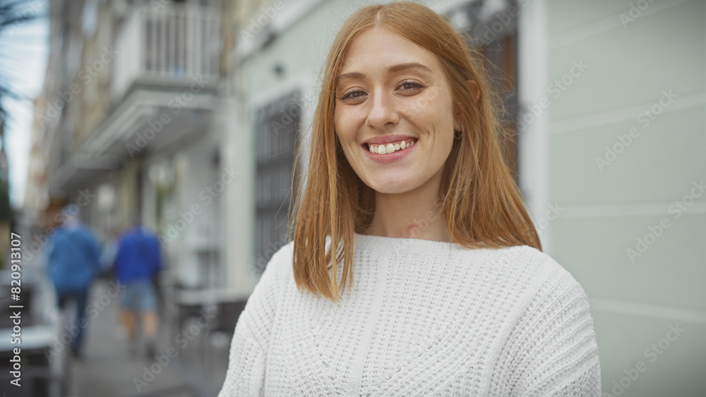 Fototapeta premium Smiling caucasian redhead young woman outdoors in an urban city street setting wearing casual clothing.