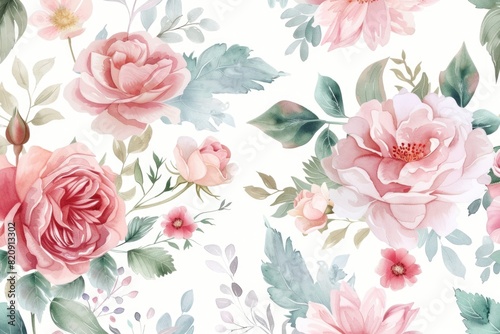 Watercolor floral pattern in pastel shades of pink and green  with pink roses  pink peonies  white background.