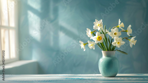 Vase with beautiful narcissus flowers and decor on tab