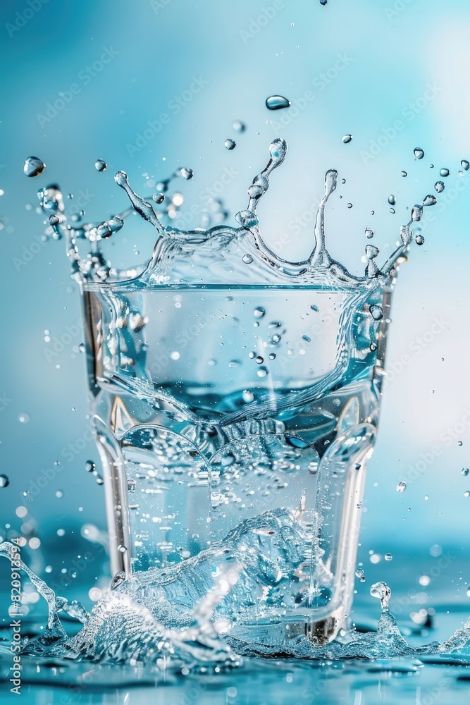 Water splashing from a glass, light blue background.