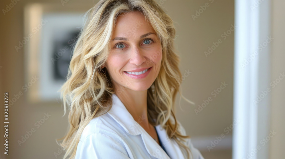beautiful portrait of smiling middle-aged Caucasian female doctor with long golden hair in white uniform and stethoscope around her neck beautiful portrait of smiling middle-aged Caucasian female doctor with long golden hair in white uniform and stethoscope around her neck
