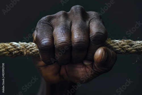 Black man's fist with coiled rope, concept of freedom day, Juneteenth, Black Independence Day. photo