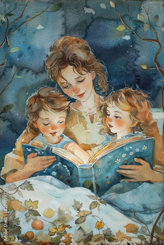 Gentle watercolor scene of a mother reading a storybook to her kids at bedtime. © Santy Hong