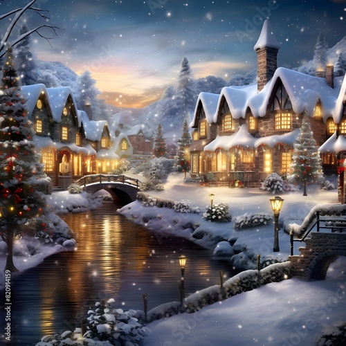 Winter night in the village. Winter landscape with houses and bridge.