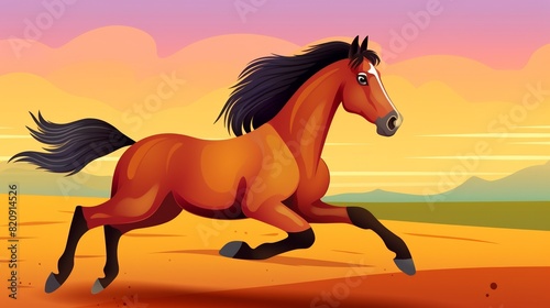 A cartoon horse with a long purple mane and tail is running in a field of green grass