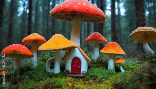 A quaint fairy house nestled among vibrant mushrooms in a dense forest, creating a whimsical and enchanting scene. Perfect for fairy tale themes and fantasy illustrations.